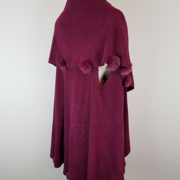 Vintage Wine Burgundy Knit Long Vest with Dramatic Collar & Rabbit Fur Pom Poms - Picture 10 of 11